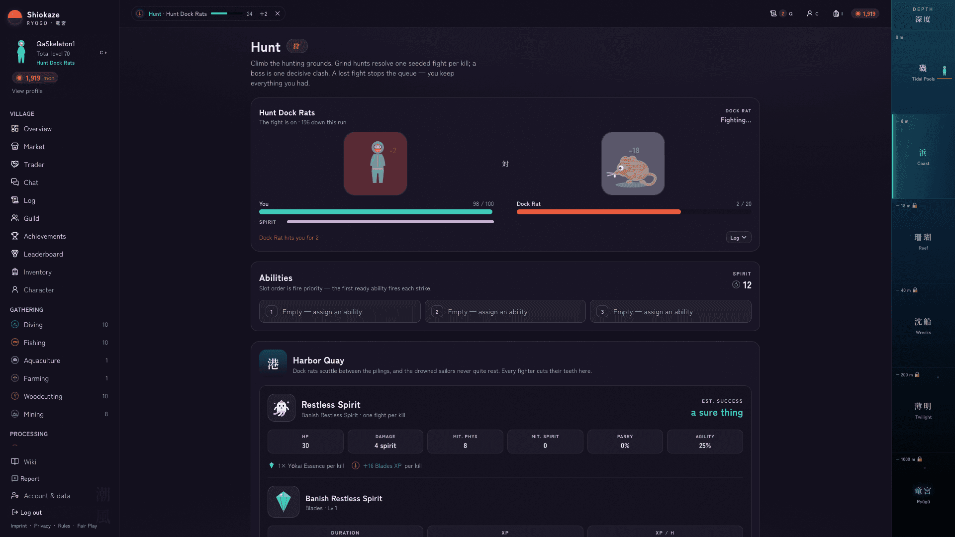 The hunting screen in Taro Bay: a fight in progress against a dock rat with health bars for both sides, the ability slots below it, and the Harbor Quay hunting ground with the full statblock and loot of its opponents.