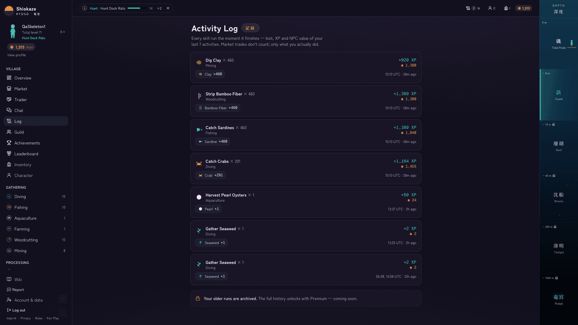 The Taro Bay activity log: finished runs in chronological order, each with the number of repetitions, the items gained, the experience earned and how long ago it finished.