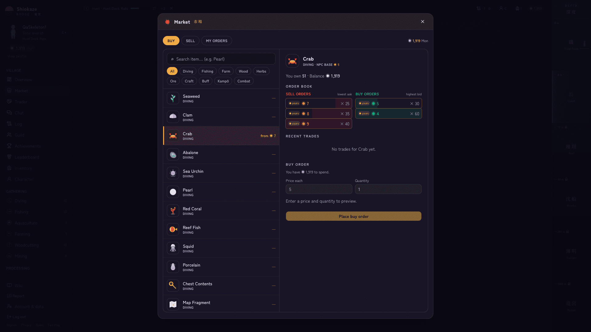 The Taro Bay player market: an order book for one item with sell orders on the left and buy orders on the right, each with a price in the in-game currency mon and a quantity.