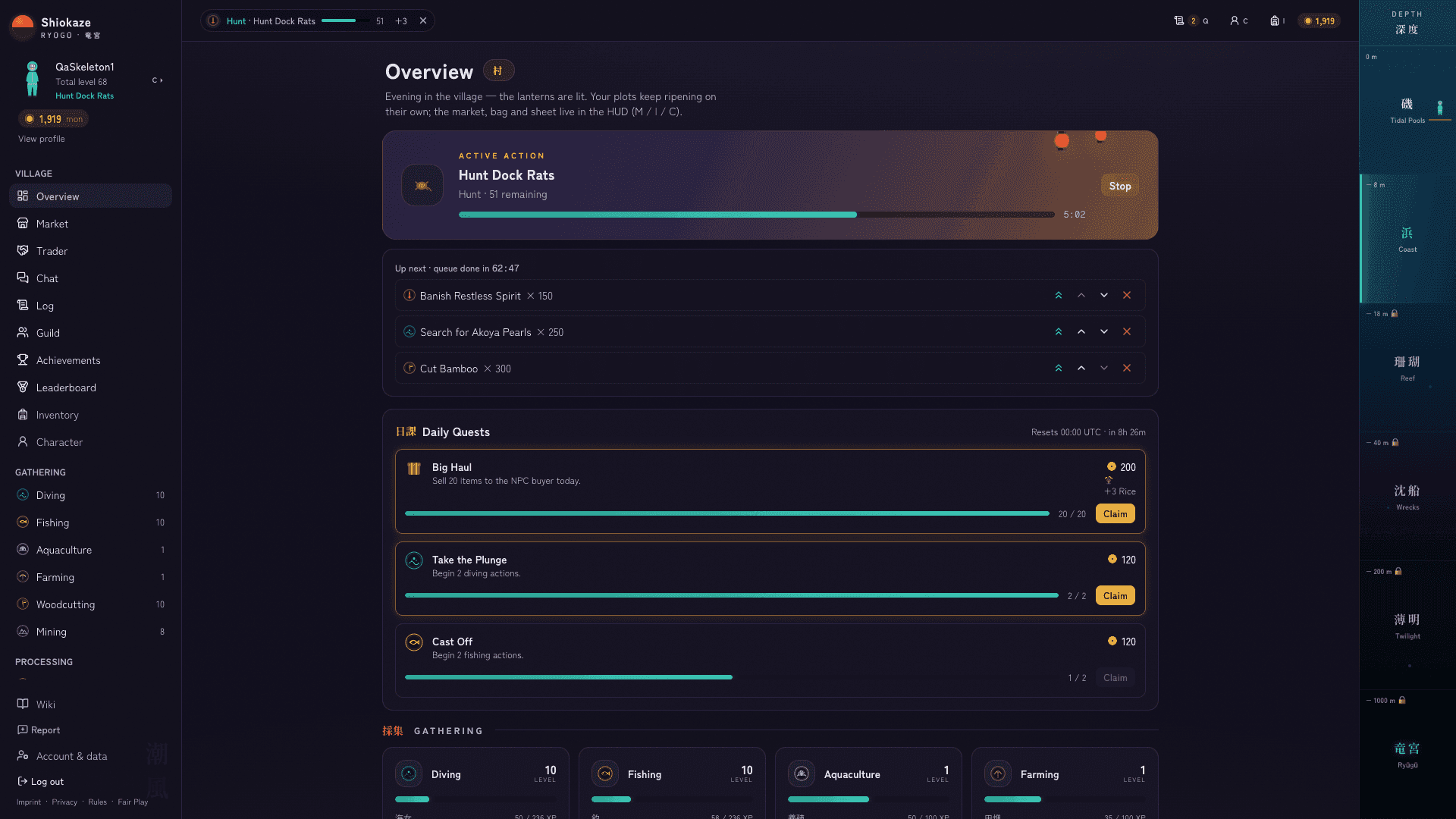 Taro Bay village overview in the Classic interface: a hunt running with its progress bar and countdown, three planned actions waiting behind it, the daily quest board below, and all eighteen skills with their levels in the sidebar.